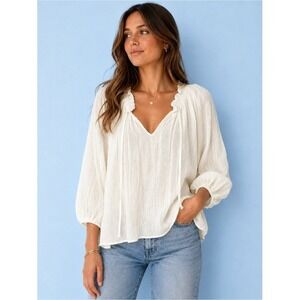 Lush Peasant Blouse Ruffle Tie Neck Cream White Small